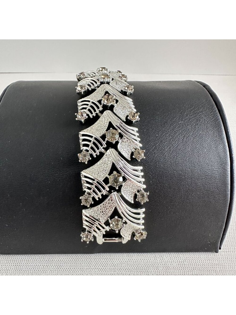 Coro Pegasus Silvertone Wide Panel Bracelet Champagne Rhinestones 1950s
